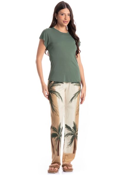 Pijama Feminino Longo Manga Curta Coqueiros Verde - Imagem 1