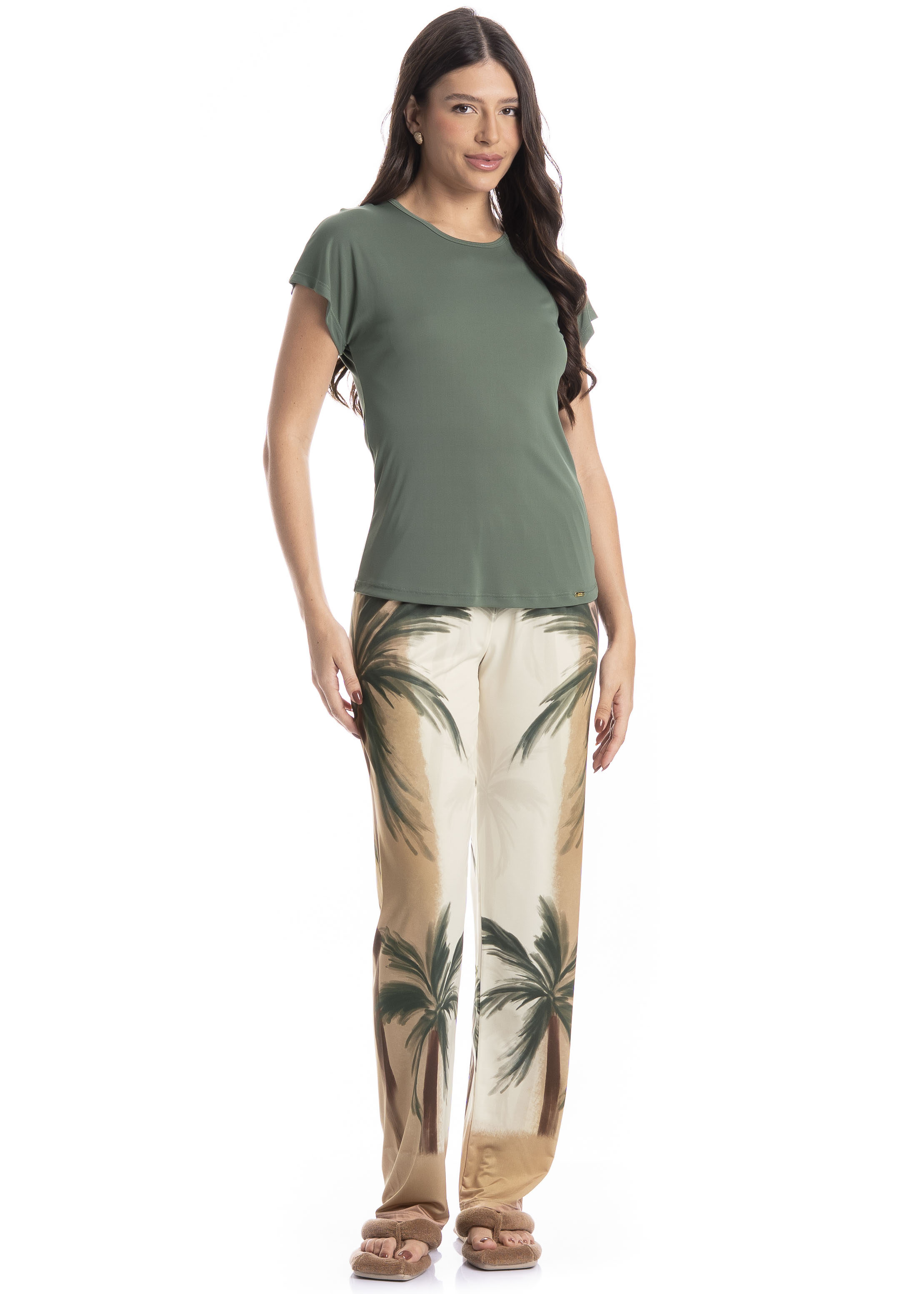 Pijama Feminino Longo Manga Curta Coqueiros - Imagem 1