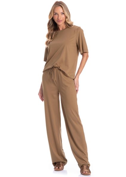 Conjunto Feminino Longo Manga Curta Sofia Marrom - Imagem 1
