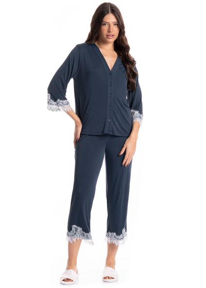 Pijama Americano Feminino Curto Lari Azul-marinho - Imagem 1