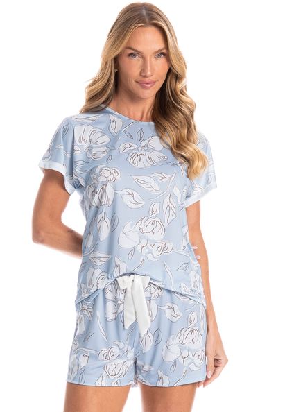 Pijama Feminino Curto Flora Azul - Imagem 1