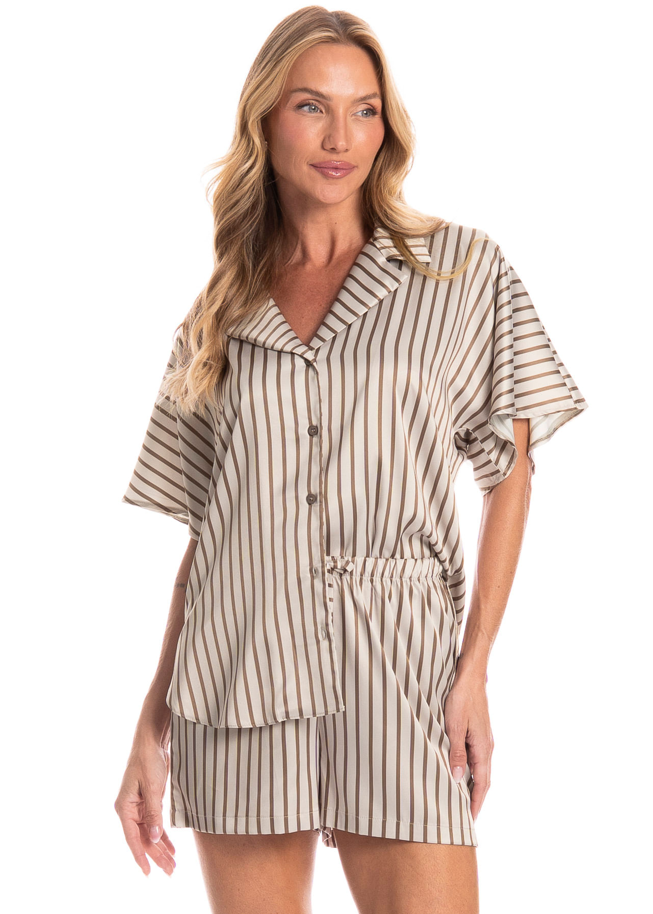 Pijama Americano Feminino Curto Maia Marrom - Imagem 1